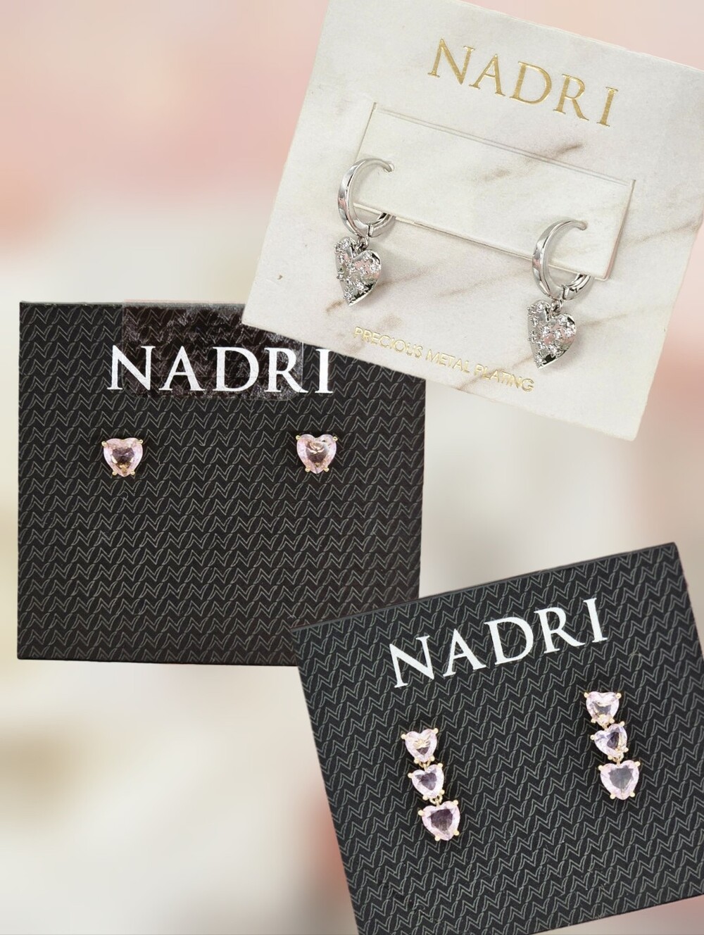 BRIDAL BUNDLE 2 Pairs of Nadri Pink Heart Earrings & Rhodium Heart Huggie Hoops